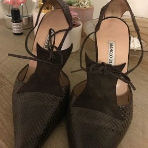 Manolo Blahnik brown snake skin sling backs